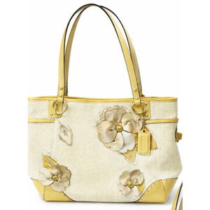 Coach Hamptons Limited Floral Straw Tote Bag Beige Yellow